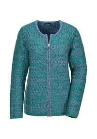 Cardigan en tricot à manches longues dans des tons de vert et de bleu, avec une fermeture éclair frontale et un col rond.