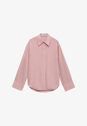 Rojena majica z dolgimi rokavi v svetlo roza barvi z navpičnimi belimi črtami. Ima koničast ovratnik, sprednje gumbe ter zaobljen rob. Mehka tekstura blaga.