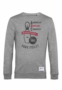 Šedá mikina s dlouhými rukávy. Na přední straně je grafika kuželky a text: "Championi Amerického bowlingového kongresu 1961 Park Fields."