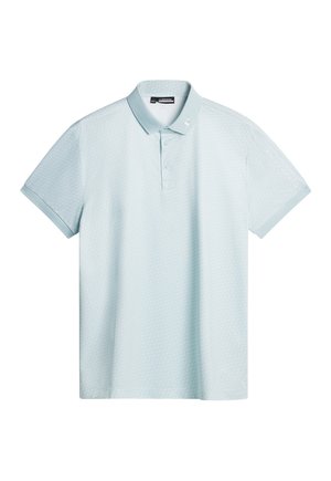 Ljusblå polo skjorta i strukturerad tyg, med klassisk krage, korta ärmar och diskreta logodetaljer på kragen och ärmen.