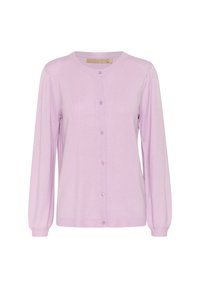 Lavender cardigan made of soft knit fabric, featuring long sleeves, a round neckline, and a button front with matching buttons.