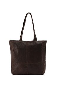 Hnedá kožená taška s obdĺžnikovým dizajnom, zdobená prešitými detailami a s dvoma dlhými uchami na prenášanie. Hladká textúra, bez ozdôb.