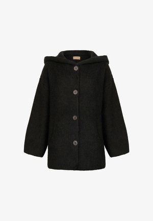 Svart stickad cardigan med huva, med avslappnad passform, långa ärmar och fem knappar framtill. Mjuk textur och ribbat mönster.