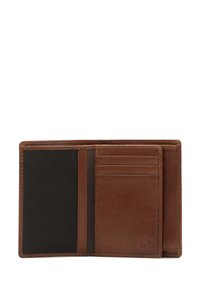 Portafoglio in pelle marrone con interno anti-RFID, dotato di numerosi scomparti per carte e foderato in tessuto nero. Forma compatta e rettangolare.
