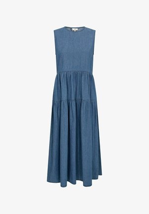 Denim mekko ilman hihoja, pyöreällä kaula-aukolla, kerroksellisella suunnittelulla ja kevyesti kootulla vyötäröllä. Väri: keskisininen, jossa on sileä rakenne.