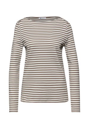 Chemise beige et blanche à rayures horizontales, manches longues, avec un col rond, présentée sur un fond blanc.