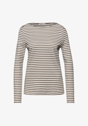 Chemise beige et blanche à rayures horizontales, manches longues, avec un col rond, présentée sur un fond blanc.