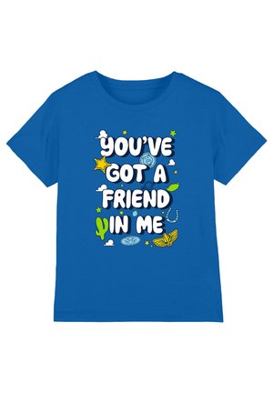 Blue t-shirt with white text "You've got a friend in me" surrounded by stars, clouds, cactus, horseshoe, and animal illustrations.