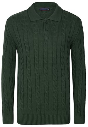 Mørkegrøn kabelstrikket pullover med lange ærmer, krave, tre knapper samt ribkanter ved ærmer og bund. Struktureret stofmønster hele vejen igennem.