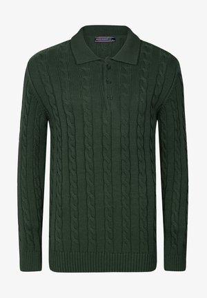 Dunkelgrüner Pullover mit Zopfmuster, langen Ärmeln, Kragen, drei Knöpfen sowie gerippten Bündchen und Saum. Strukturiertes Stoffmuster über die gesamte Fläche.