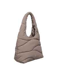 Taupekleurige, gewatteerde schoudertas met een gevoerd handvat en golvende stiksels, met het label "GOT BAG" aan de voorste onderste hoek.