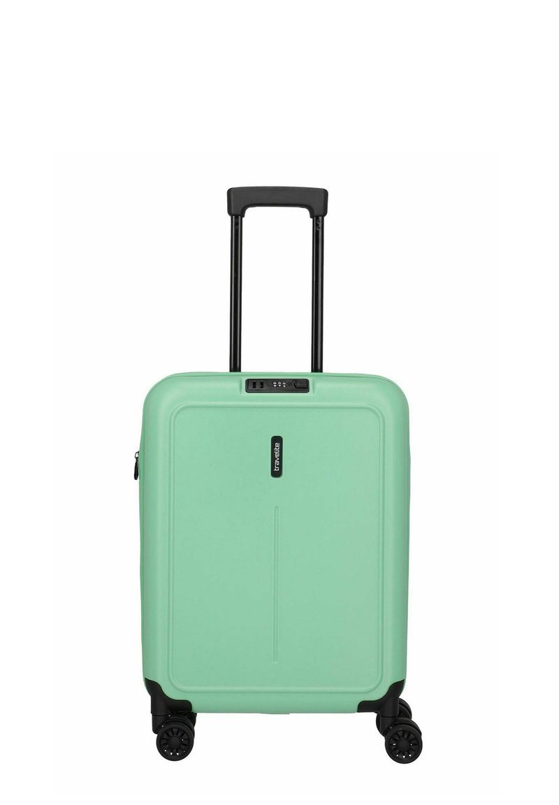 Mintgrüner Hartschalenkoffer mit vier schwarzen Rollen, einem ausziehbaren schwarzen Griff und einem integrierten Zahlenschloss in der oberen Mitte.