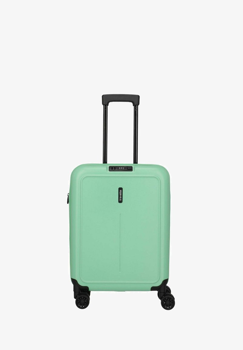 Mintgrüner Hartschalenkoffer mit vier schwarzen Rollen, einem ausziehbaren schwarzen Griff und einem integrierten Zahlenschloss in der oberen Mitte.