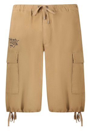 Pantalones cortos cargo en color marrón, fabricados en un tejido ligero, que cuentan con bolsillos laterales, cintura con cordón y bajos ajustables. Logo bordado en la parte delantera.