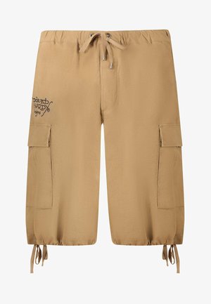 Beżowe szorty cargo wykonane z lekkiego materiału, z bocznymi kieszeniami, elastycznym paskiem w talii i regulowanymi nogawkami. Haftowane logo z przodu.