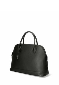 Czarna skórzana torebka o teksturowanej powierzchni, zaokrąglonym kształcie, podwójnych uchwytach i zapięciu na zamek. Posiada małą skórzaną metkę.