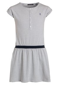 Sukienka z paskami z bawełny, z krótkimi bufkami, z zapięciem na guziki i granatowym pasem w talii. Rozkloszowany dół z elastyczną talią.