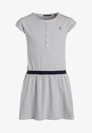 Vestido de algodón a rayas con mangas cortas tipo cap sleeve, un cuello de botones y una cinturilla en azul marino. Falda acampanada con cintura elástica.