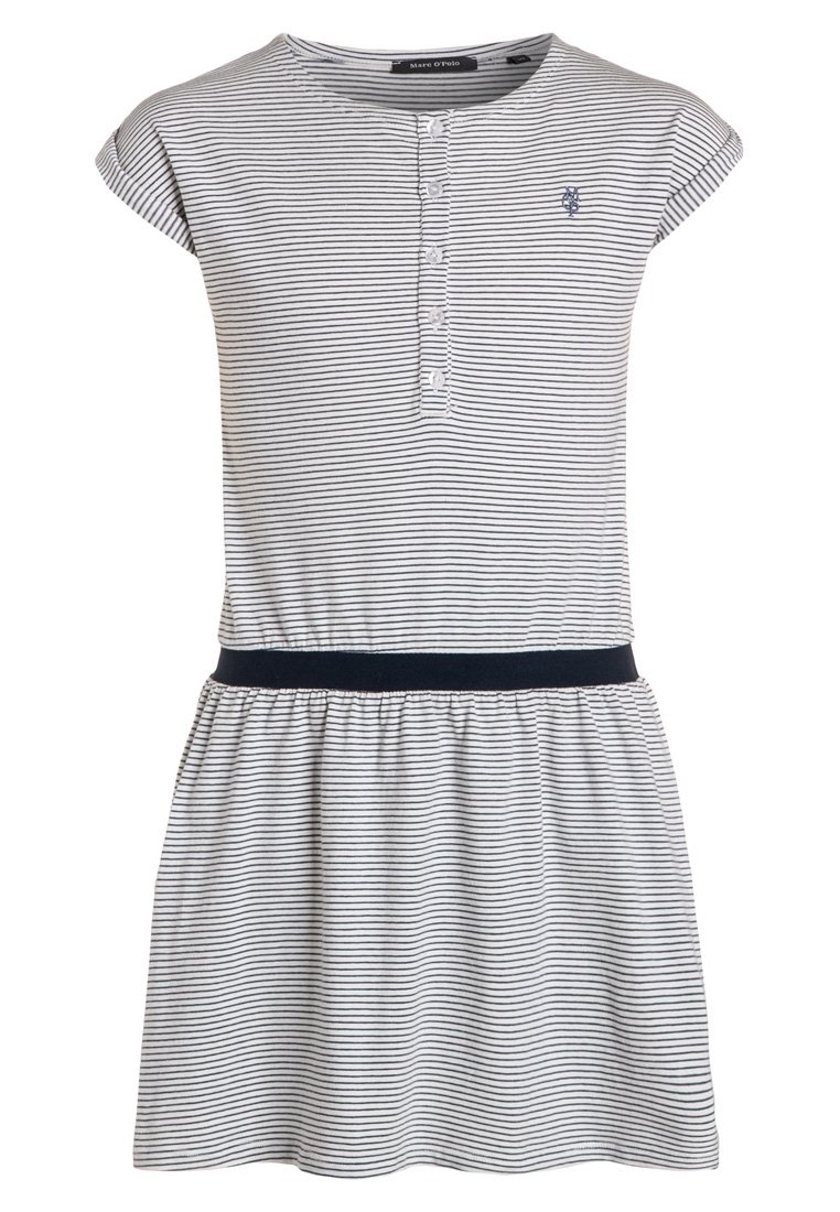 Sukienka z paskami z bawełny, z krótkimi bufkami, z zapięciem na guziki i granatowym pasem w talii. Rozkloszowany dół z elastyczną talią.