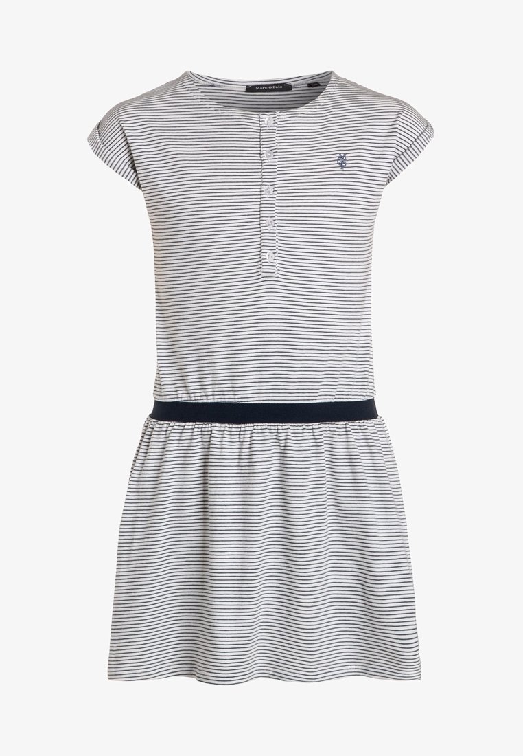 Sukienka z paskami z bawełny, z krótkimi bufkami, z zapięciem na guziki i granatowym pasem w talii. Rozkloszowany dół z elastyczną talią.