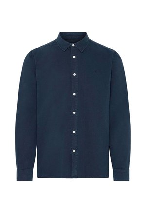 Mørkeblå langermet skjorte laget av bomull, med krage som kan kneppes ned, hvite knapper og en liten logo på brystet.