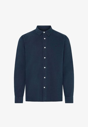 Dunkelblaues Langarmhemd aus Baumwolle, mit einem Kentkragen, weißen Knöpfen und einem kleinen Logo auf der Brust.