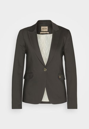 Black blazer with a satin finish, single button closure, notched lapels, and two front pockets. Textured light-colored lining visible inside.