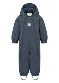 Tykk marineblå snowsuit med hette, elastiske mansjetter og fotstropper. Har en glatt tekstur og lomme i midten med en firkantet detalj.