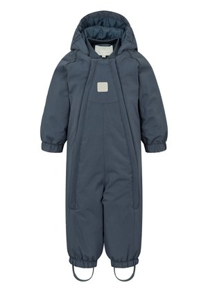Tykk marineblå snowsuit med hette, elastiske mansjetter og fotstropper. Har en glatt tekstur og lomme i midten med en firkantet detalj.