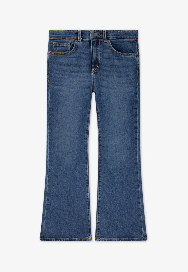 Wijde jeans in mediumblauwe denim met een gladde textuur, vijf zakken en contrasterende stikseldetails langs de naden.