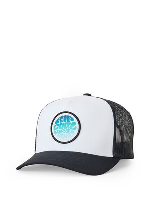 Casquette trucker blanche et noire avec dos en maille et écusson rond bleu portant le logo « Rip Curl wetsuits » sur le panneau avant.