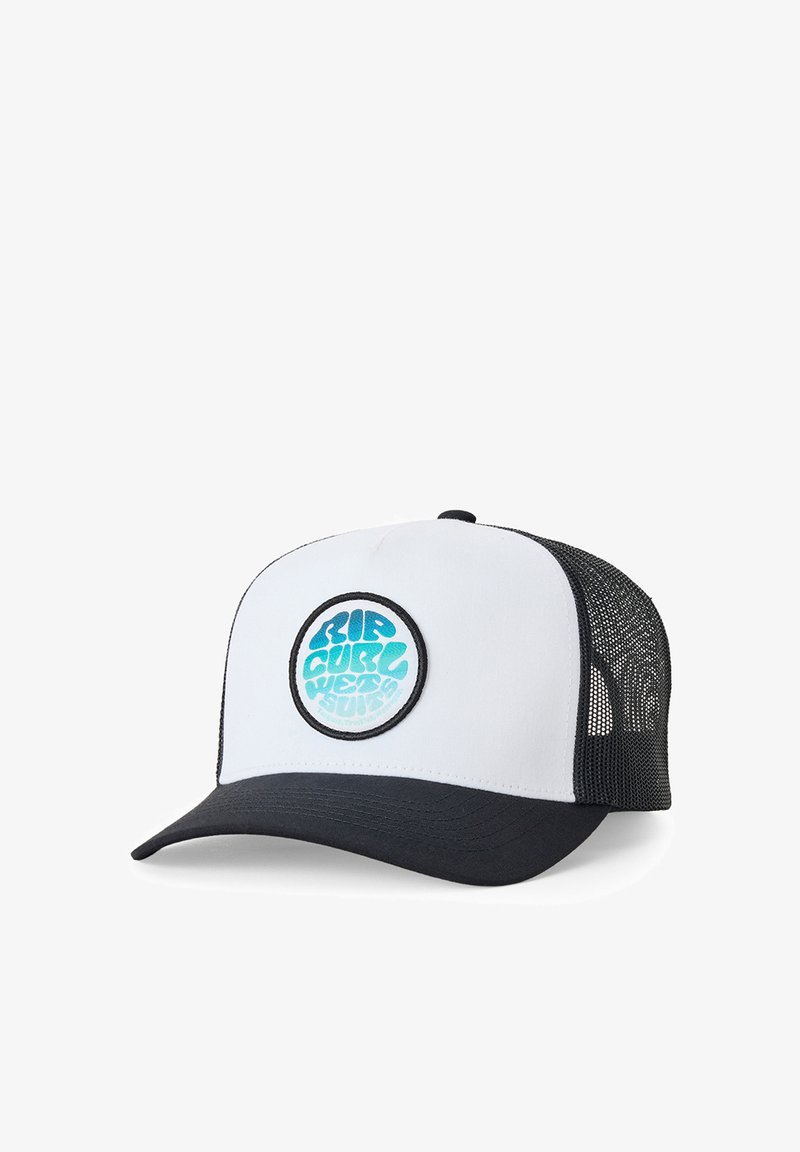 Gorra de camionero blanca y negra con parte trasera de malla y parche redondo azul con el logotipo que dice "Rip Curl wetsuits" en el panel frontal.