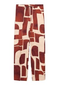 Hose mit abstraktem braun-beigen Print, leichtes Gewebe, elastischer Bund mit Kordelzug, weite Beinform, glatte Textur.
