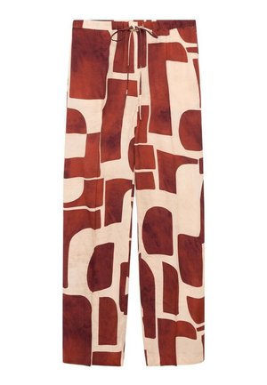 Pantalones con estampado abstracto en marrón y beige, tejido ligero, cintura elástica con cordón, diseño de pierna ancha, textura suave.