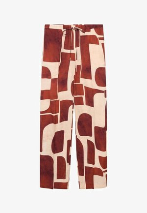 Trousers with abstract brown and beige print, lightweight fabric, elastic waistband with drawstring, wide-leg design, smooth texture.