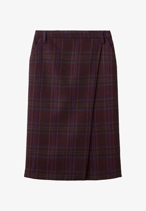 Sukňa s dĺžkou po kolená v tmavo burgundskej kárované látke, s výraznými zelenými a fialovými pruhmi. Má dva bočné vrecká a rovný strih s hladkou textúrou.