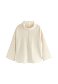 Maglione color crema con colletto alto, maniche ampie e trama a coste. Presenta una cucitura centrale e una vestibilità comoda.