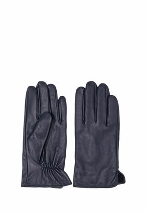 Ciemnoniebieskie skórzane rękawiczki z pięciopalczastym wzorem, zebranym nadgarstkiem i gładką fakturą. Bez widocznych elementów metalowych ani akcentów.