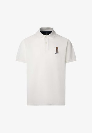 Witte polo shirt met een twee-knoopsluiting, korte mouwen en geborduurd logo op de linkerkant van de borst. Gemaakt van katoen, met een gladde textuur.