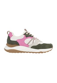 Sportlicher Sneaker mit geschichtetem Design; olivgrüne und rosa Wildlederelemente auf einer cremfarbenen Basis; strukturierte Gummisohle mit einem braunen Akzent; Schnürverschluss.