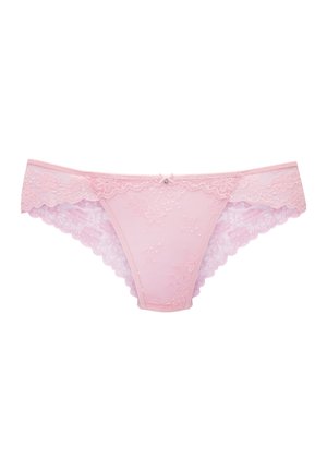 Pink lace women's underwear with floral pattern and small bow detail at waistband center on white background.