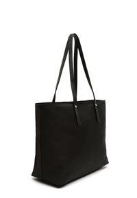 Black rectangular tote bag with two long thin shoulder straps and a simple, smooth surface.