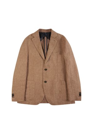 Blazer de lino marrón con solapas de muesca, dos bolsillos frontales y cierre de un solo botón. Presenta un forro interior negro y puños con botones.