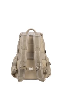 Zaino Tucano beige con schienale in mesh imbottito, spallacci regolabili, fibbia toracica e tasche laterali in mesh, visto da dietro.