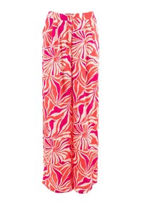 Pantalones de pierna ancha con un vibrante patrón floral en tonos de rosa y coral. Elaborados con una tela ligera y suave al tacto.