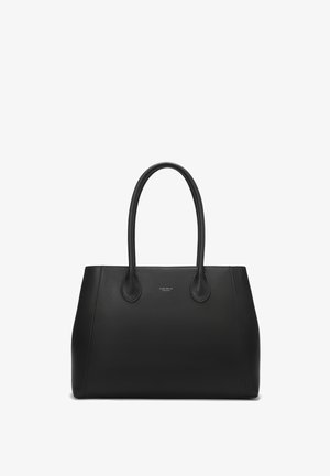 Black leather tote bag with two rounded handles, rectangular body, smooth texture, and subtle branding on the front.