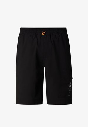 Czarne szorty o średniej długości z elastycznym pasem, pomarańczowym sznurkiem do ściągania, boczną kieszenią na zamek oraz logo "FIRE+ICE" na prawej nogawce.