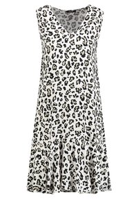 Ärmelloses Kleid mit Leopardenmuster, das über einen V-Ausschnitt, einen ausgestellten Saum und einen leichten, glatten Stoff in Weiß-, Schwarz- und Beigetönen verfügt.
