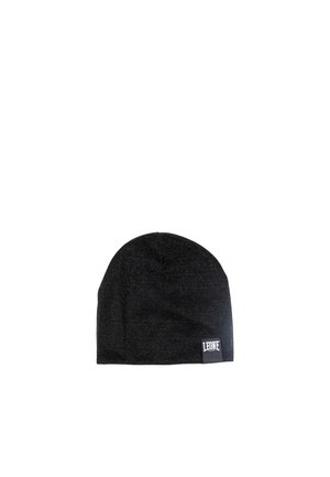 Bonnet noir en maille avec une petite étiquette portant le logo Leone, présenté sur fond blanc.