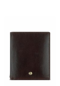 Bruine leren portemonnee met een gladde textuur, afgeronde hoeken en zichtbare stiksels. Kenmerkt een goudkleurige accent nabij de onderste hoek.